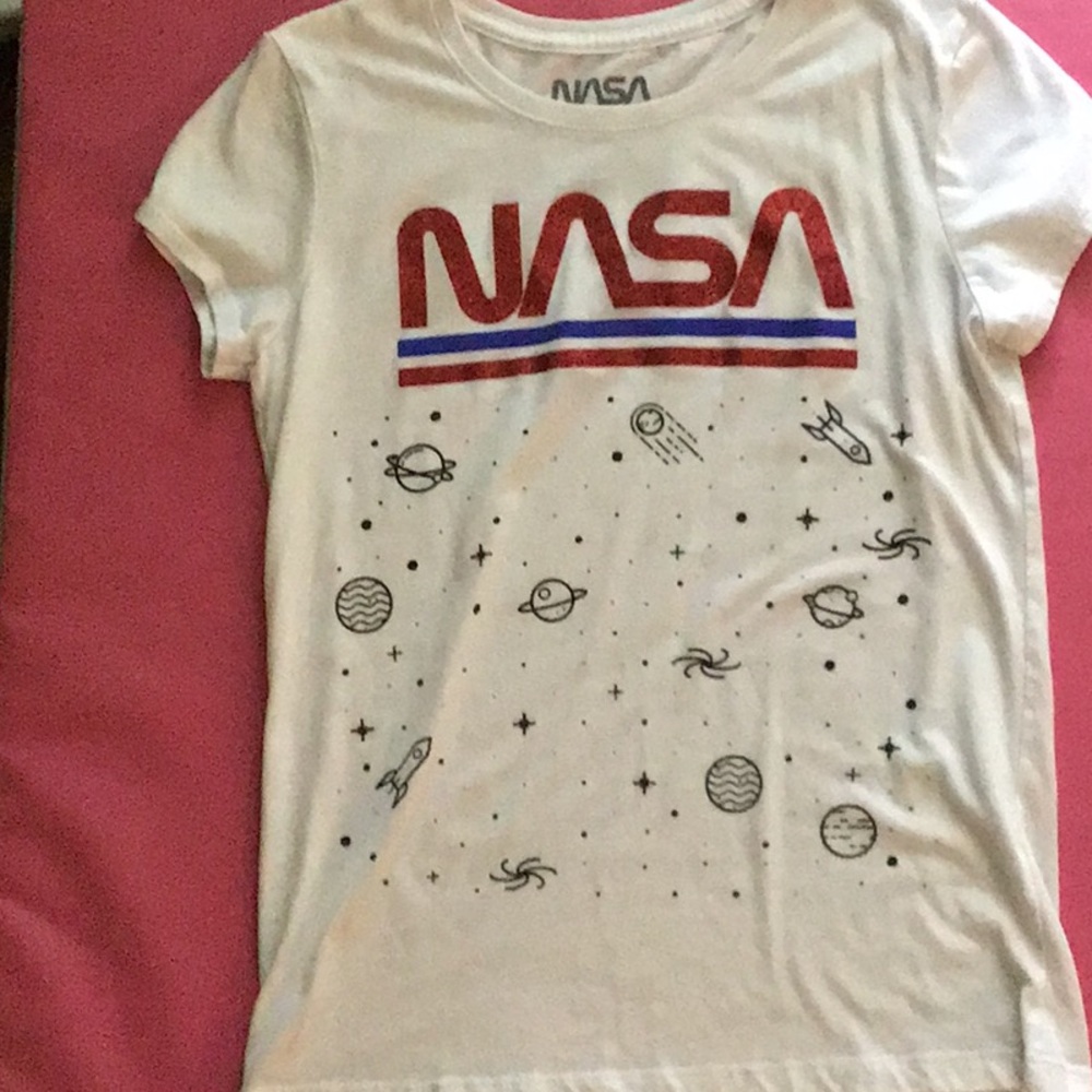 Red and White Short Sleeve Tee with Space Graphics